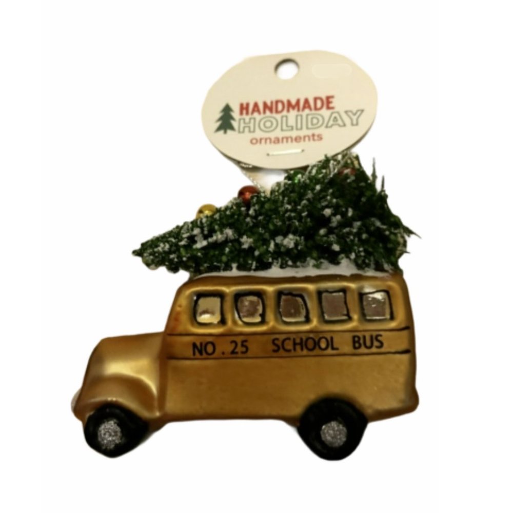 New Christmas Tree Glass Painted Ornament Holiday Yellow School Bus, Teacher